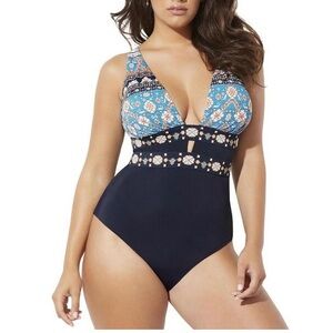 Swimsuits For All Floral Blue and Black One-Piece Size 14